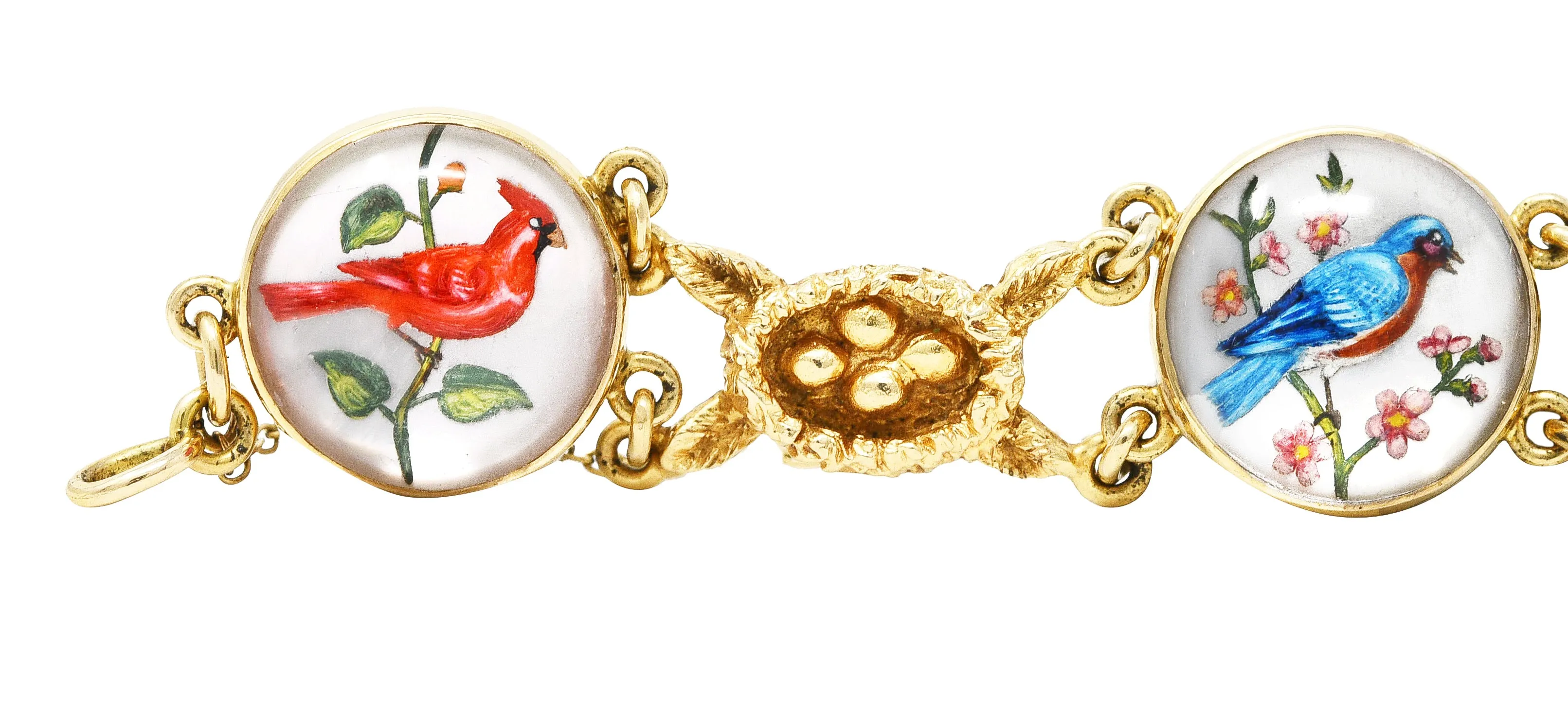 1940’s Essex Crystal Quartz 14 Karat Yellow Gold Bird Themed Antique Link Bracelet