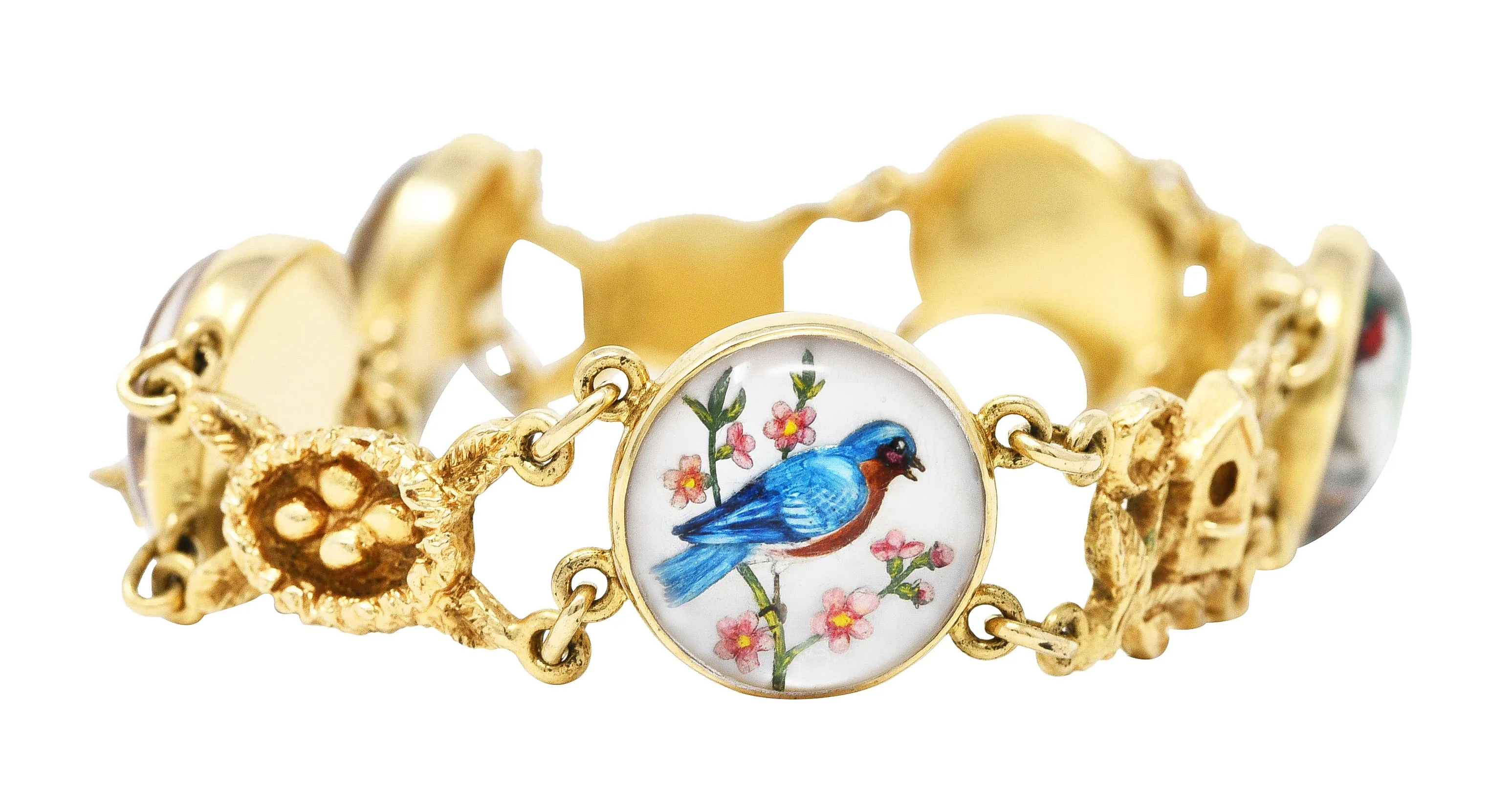 1940’s Essex Crystal Quartz 14 Karat Yellow Gold Bird Themed Antique Link Bracelet