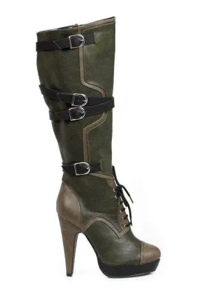 426-COMBAT Knee Boot | Green Faux Leather