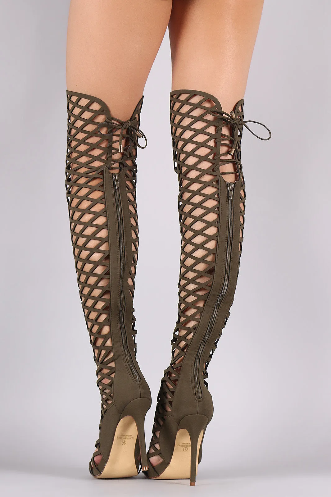 Back Lace-Up Geo Cutout Over-The-Knee Stiletto Boots