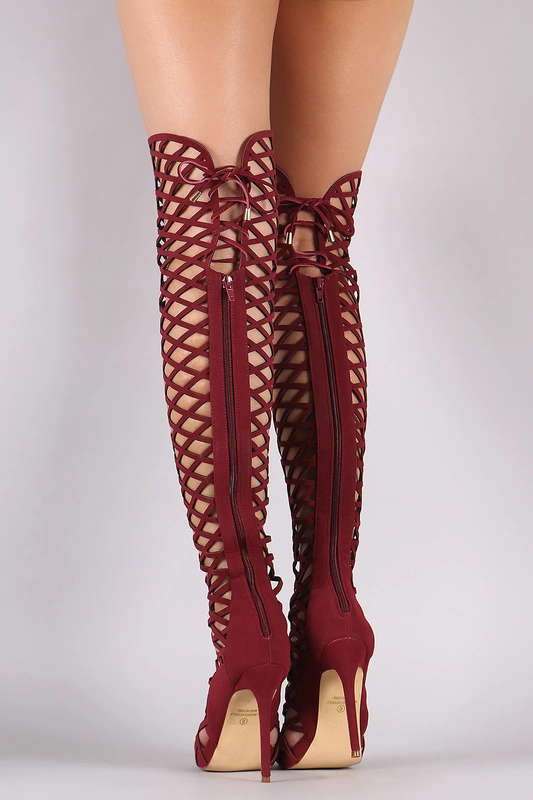 Back Lace-Up Geo Cutout Over-The-Knee Stiletto Boots