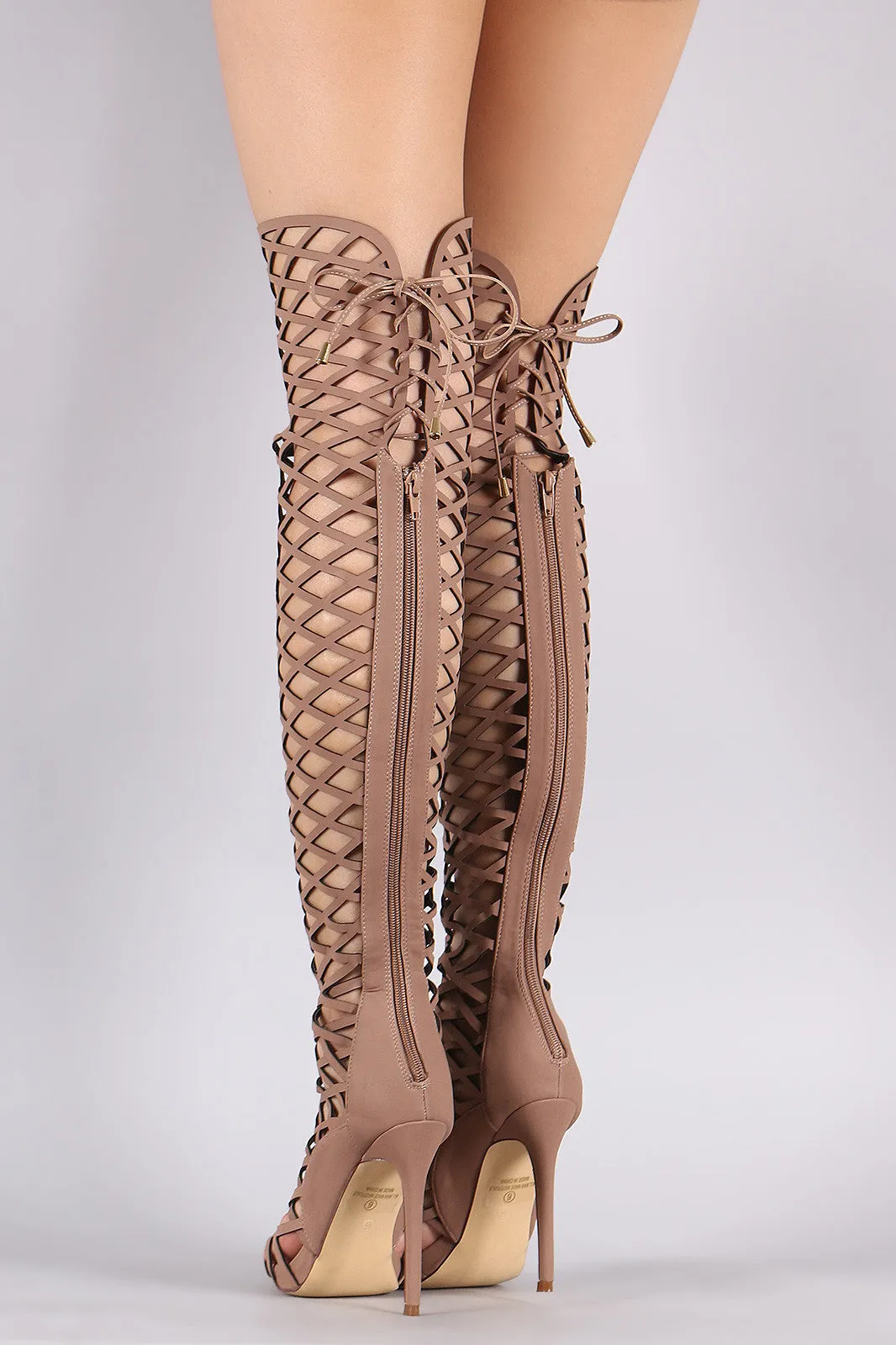 Back Lace-Up Geo Cutout Over-The-Knee Stiletto Boots