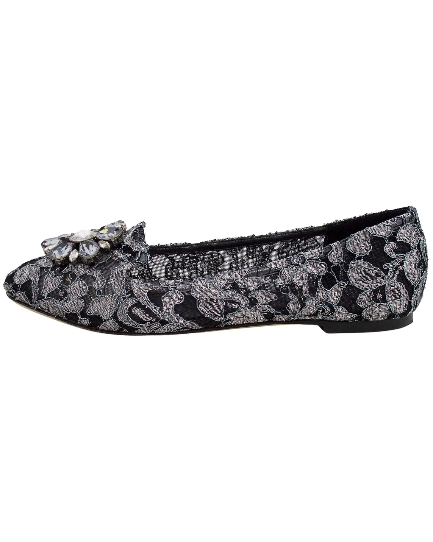 Black and Silver Vally Embellished Lace Ballet Flats