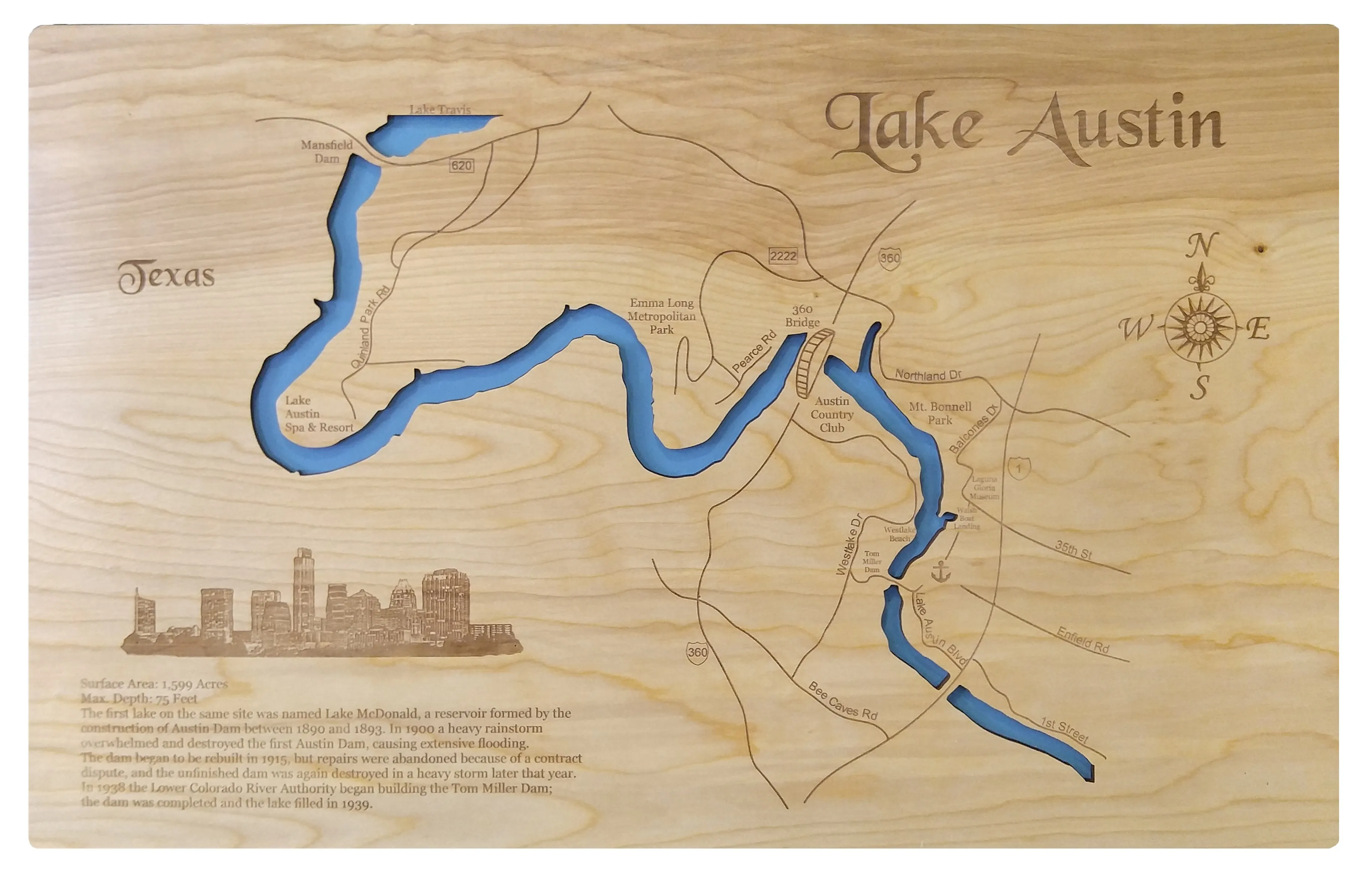 Lake Austin, Texas - Laser Cut Wood Map