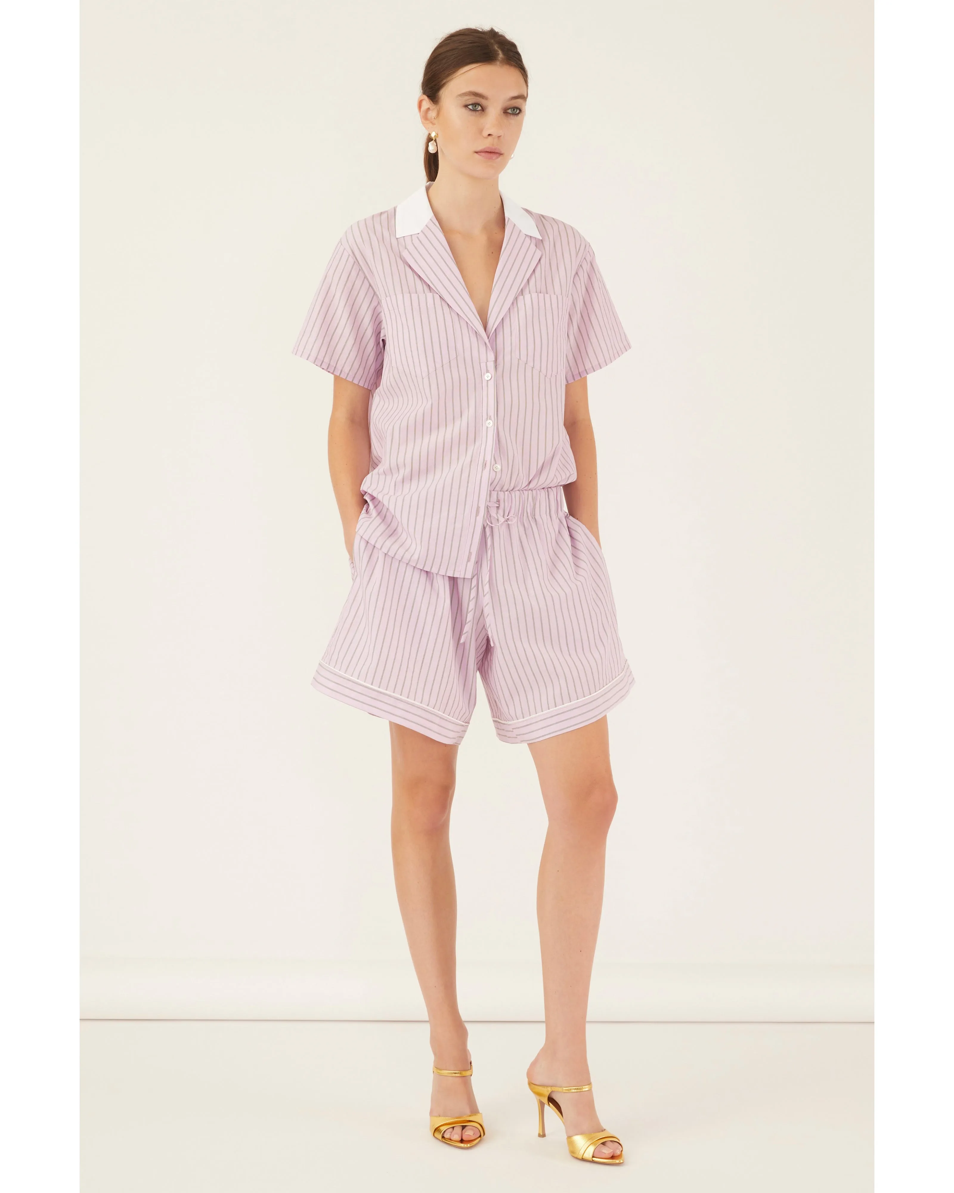 Margo Notch Collar Camp Shirt in Carnation Edie Stripe White Combo