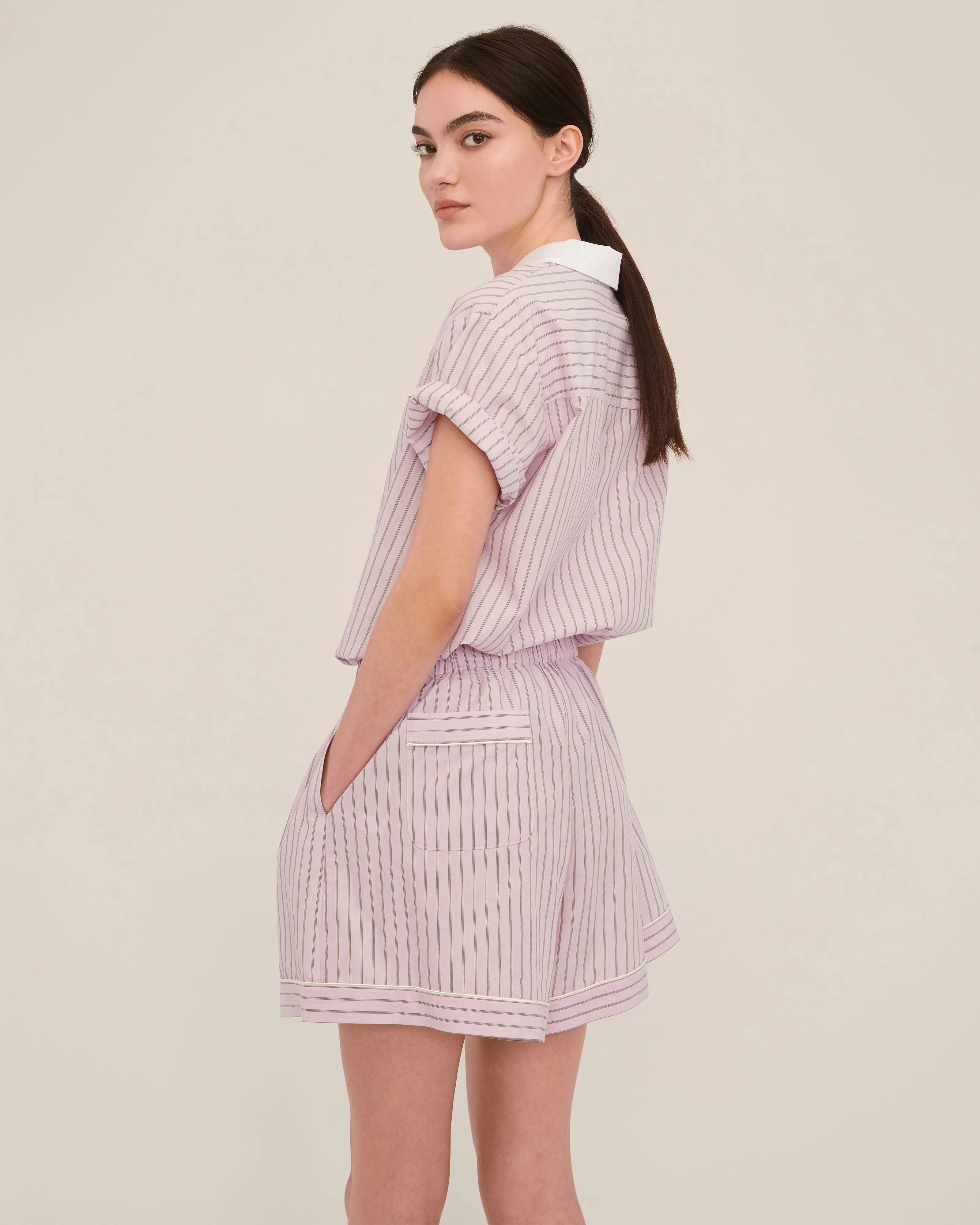 Margo Notch Collar Camp Shirt in Carnation Edie Stripe White Combo