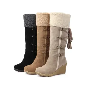 Women's High Boots 2022 Winter Fashion Lace-up Tassel Long Boots Women Platform Wedge Snow Boots Warm Cotton Boots Botas Mujer